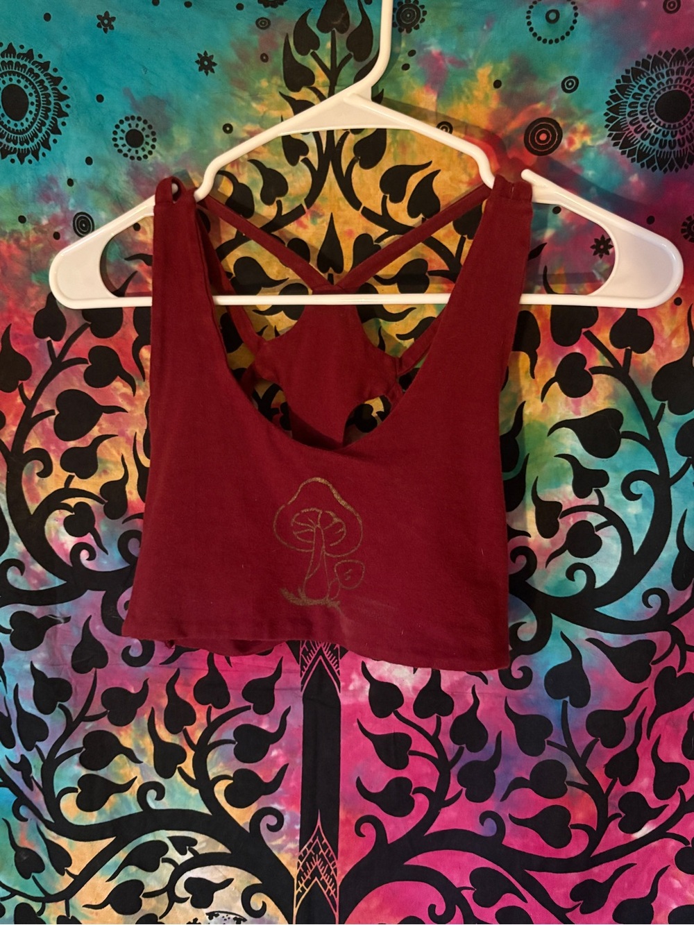 Women's Burgundy Cropped Tank Top with Mushroom Graphic